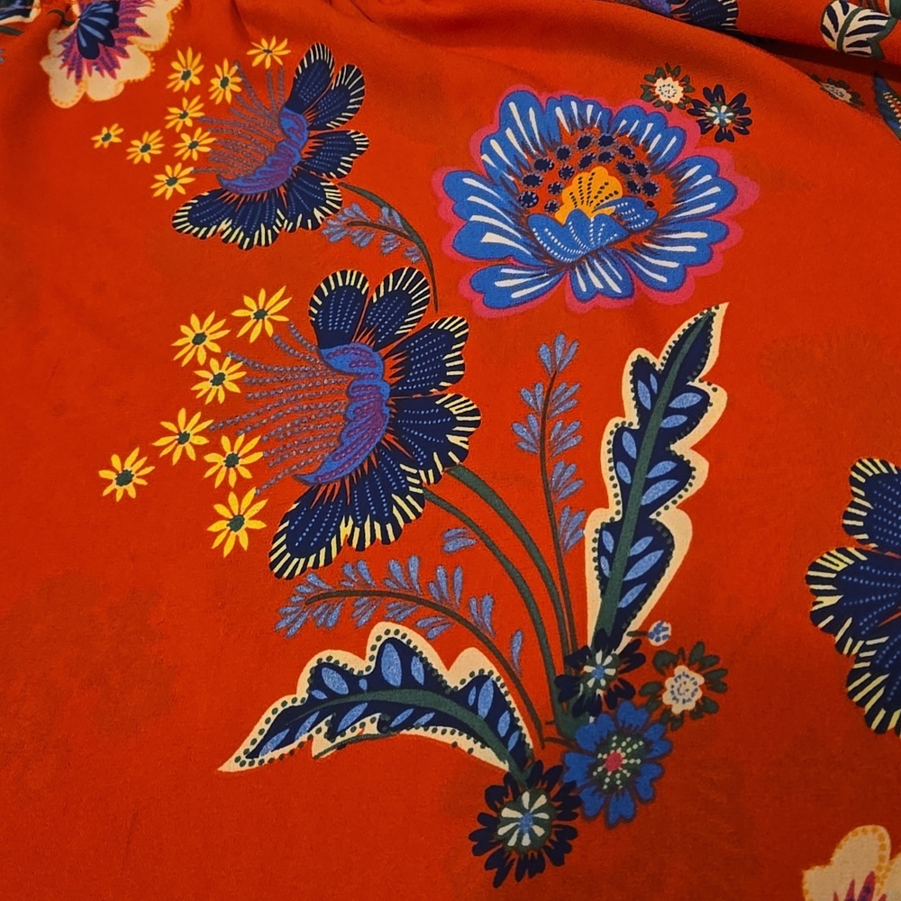 Zac & Rachel Womens L Red Floral Peasant Blouse Tie Neck Boho Flowy Tunic Top - Picture 13 of 13